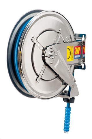 070-2305-318 - Stainless steel automatic hose reel AISI 304 fixed for water 150 °C 400 bar Mod. FX-460 with synthetic rubber hoses no trace blue 2SC 18M 3/8"
