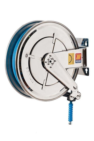 070-2405-320 - Stainless steel automatic hose reel AISI 304 fixed for water 150 °C 400 bar Mod. FX-550 with synthetic rubber hoses no trace blue 2SC 20M 3/8"