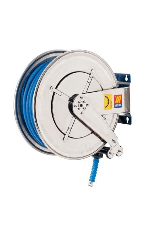 070-2504-330 - Stainless steel automatic hose reel AISI 304 fixed for water 150 °C 200 bar Mod. FX-555 with synthetic rubber hoses no trace blue 1SC 30M 3/8"