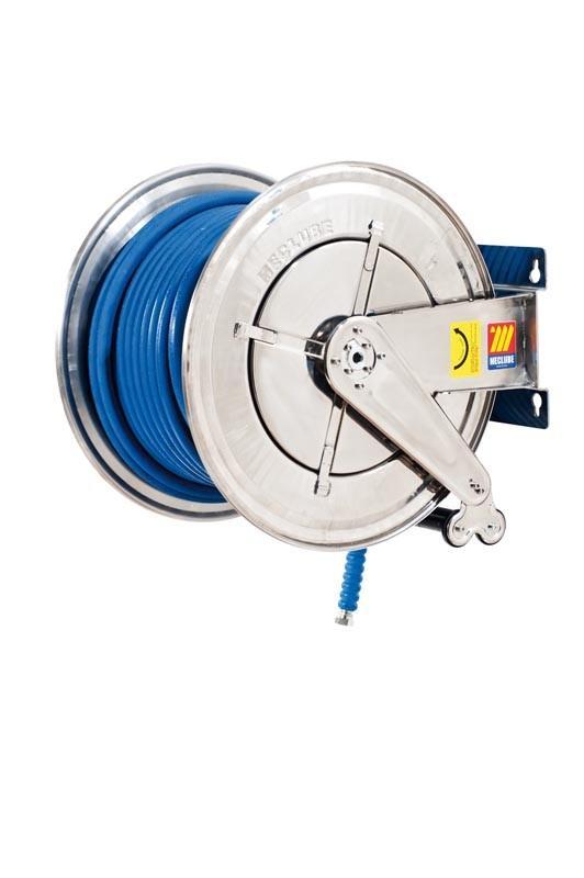 070-2604-340 - Stainless steel automatic hose reel AISI 304 fixed for water 150 °C 200 bar Mod. FX-560 with synthetic rubber hoses no trace blue 1SC 40M 3/8"