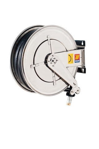 070-2508-615 - Stainless steel automatic hose reel AISI 304 fixed for diesel 10 bar Mod. FX-555 90 l/m with antistatic black rubber hoses 15M 1"